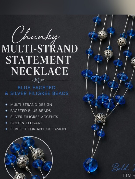 Jewelry - Vintage Blue Crystal Multi Strand Statement Necklace Silver Filigree Beads Boho